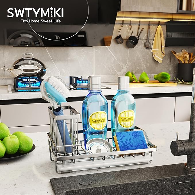 SWTYMIKI Multifunctional Kitchen Sink Caddy - Large Sponge Holder for Kitchen Sink with Removable Brush Holder + Drip Tray, Silver - Image 2