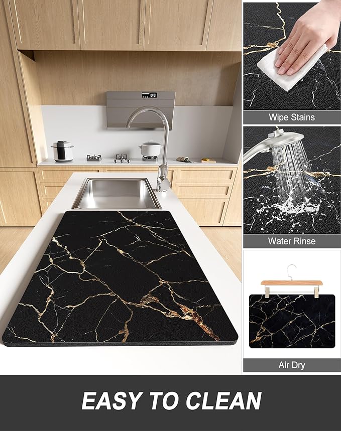 Rnivvi Dish Drying Mat for Kitchen Counter, XL 15 x 24" Cute Marble Absorbent Draining Pad, Non-Slip Heat Resistant Coffee Bar Mats for Coffee Machine Station Accessories, Black Gold Dish Rack Pad - Image 6