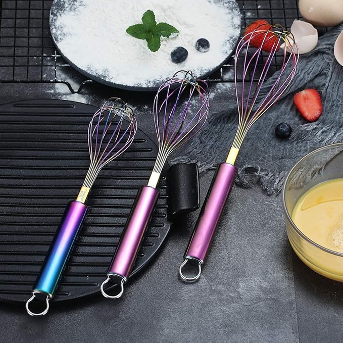 Berglander Rainbow Whisk Pack of 3 Stainless Steel 8",10",12", Titianium Plating Colorful Whisk for Cooking, Beater,Wire Whisk Set Kitchen Wisk (Rainbow) - Image 8