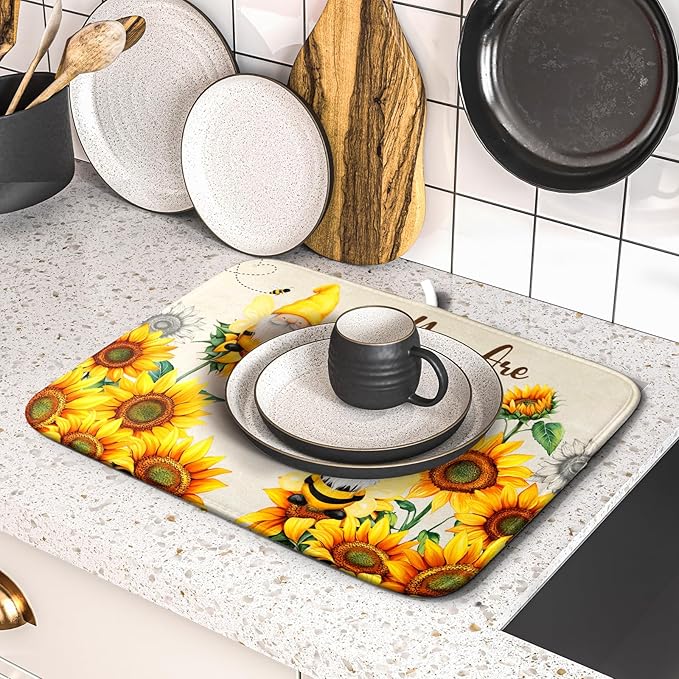 Giwawa Bee Gnomes Dish Drying Mat, Summer Sunflowers Elf Dish Drainer Mats for Kitchen Countertop, Vintage Sunshine Floral Absorbent Reversible Dish Drying Pad Decor, 16x18inches, Small