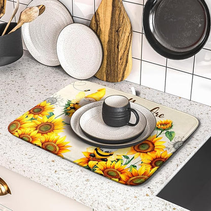 Giwawa Bee Gnomes Dish Drying Mat, Summer Sunflowers Elf Dish Drainer Mats for Kitchen Countertop, Vintage Sunshine Floral Absorbent Reversible Dish Drying Pad Decor, 16x18inches, Small
