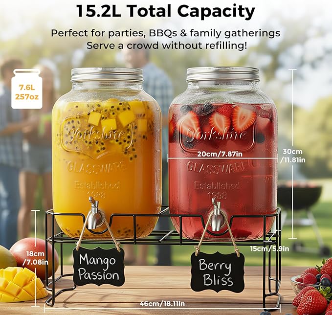 DD&HAPP 2 Gallon Glass Drinks For Parties With Stand.Stainless Steel Spigots & Metal Stand,Large Capacity Beverage Dispenser for Party,Infused Water,Iced Tea,Lemonade,Outdoor,Commercial Use. - Image 2