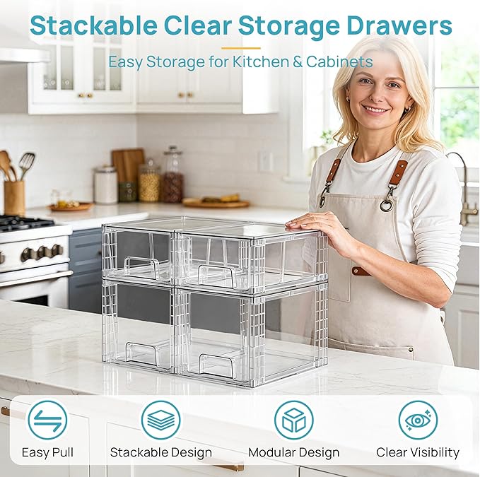 Vtopmart 4 Pack Clear Stackable Storage Drawers,Under Sink and Kitchen Organizers Storage,Easy to Assemble Plastic Drawers for Baby Bottle,Medicine, Bathroom,Cabinet and Pantry Organization - Image 3
