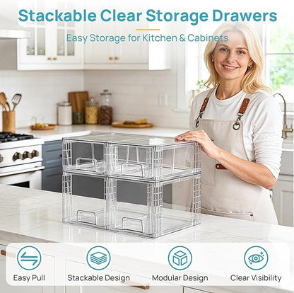 Vtopmart 4 Pack Clear Stackable Storage Drawers,Under Sink and Kitchen Organizers Storage,Easy to Assemble Plastic Drawers for Baby Bottle,Medicine, Bathroom,Cabinet and Pantry Organization - Image 3