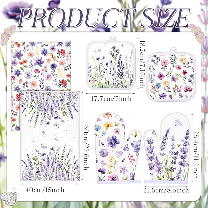 Spring Lavender Oven Mitts and Pot Holders Kitchen Dish Towels Set Purple Flower Spring Kitchen Towels and Dishcloths for Baking Cooking Women BBQ Grilling Hand Dish Gifts