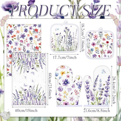 Spring Lavender Oven Mitts and Pot Holders Kitchen Dish Towels Set Purple Flower Spring Kitchen Towels and Dishcloths for Baking Cooking Women BBQ Grilling Hand Dish Gifts
