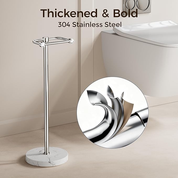 RARXTR Toilet Paper Holder Stand, Bathroom Free Standing Toilet Paper Stand with Modern Marble Base, Post Pivoting Toilet Paper Stand with Stainless Steel Tissue Rack, Rust-Proof & Heavy Base(Chrome)