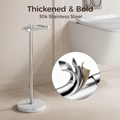 RARXTR Toilet Paper Holder Stand, Bathroom Free Standing Toilet Paper Stand with Modern Marble Base, Post Pivoting Toilet Paper Stand with Stainless Steel Tissue Rack, Rust-Proof & Heavy Base(Chrome)