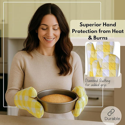 Native Fab Buffalo Plaid Check Oven Mitts and Pot Holders Set of 4, 100% Cotton Heat Resistant Kitchen Gloves, 2 Oven Mitts (7x13), 2 Pot Holders (8x8) for Cooking & Baking, Lemon Yellow White - Image 5