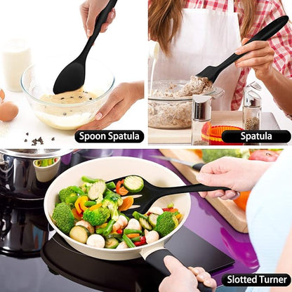 P&P CHEF Silicone Cooking Utensils Set of 7, Heat-proof Kitchen Utensils Set for Nonstick Cookware, Non-stick Spatula, Slotted Turner, Soup Ladle, Pasta Server, Spoon for Cooking Serving - Black - Image 5