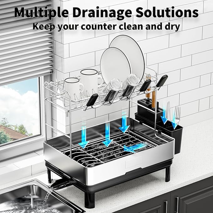 Ewaiira Dish Drying Rack, 2 Tier Large Dish Rack, Stainless Steel Dish Drainer for Kitchen Counter, Dishes Rack with Automatic Drainage, Utensil Holder,Cups Holder,Space Saving Kitchen Organizer,Black - Image 4