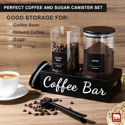 gmisun Coffee Container, 2 Pcs 50 Fl oz Airtight Bean Storage Canister, Black Glass Ground Coffee and Sugar Jar Set with Scoop/Shelf/Labels, Sugar/Tea Holder Containers for Cafe Bar Countertop