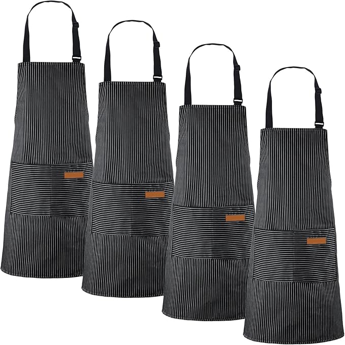 Handepo 4 Pcs Kitchen Aprons with Pockets Adjustable Waterproof Cotton Aprons Striped Apron for Women Men Chef Mother Gift by Handepo