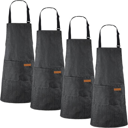Handepo 4 Pcs Kitchen Aprons with Pockets Adjustable Waterproof Cotton Aprons Striped Apron for Women Men Chef Mother Gift by Handepo