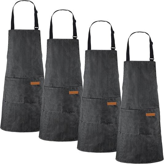 Handepo 4 Pcs Kitchen Aprons with Pockets Adjustable Waterproof Cotton Aprons Striped Apron for Women Men Chef Mother Gift by Handepo