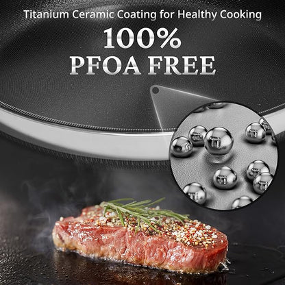 KOKHUB Nonstick Frying Pans with Lids, 8", 10", 12" Titanium Ceramic Tri-Ply Stainless Steel Skillet Set, Non-Toxic, PFAS/PFOA/PTFE Free, Dishwasher & Oven Safe, Induction Compatible