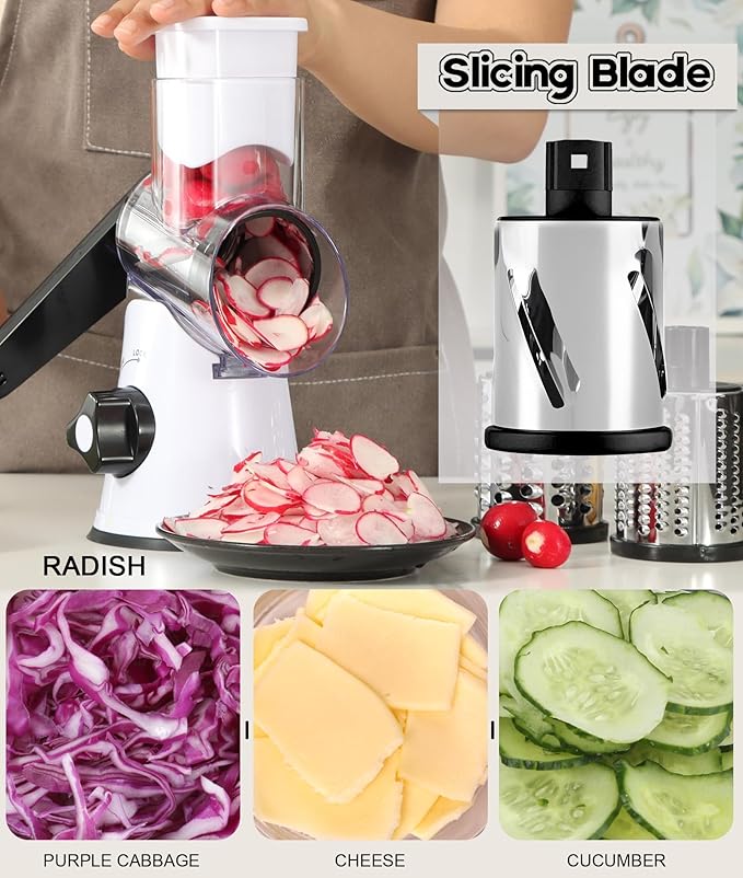 Ourokhome Rotary Cheese Grater Hand Crank, Kitchen Shredder Speed Mandolin Slicer Nuts Grinder with Handle and Drum Blades for Cheese, Vegetable, Walnuts, Chocolate, Potato, 3 Blades, White Black - Image 2