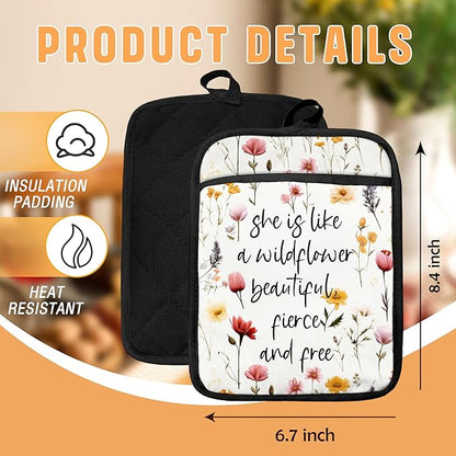 Inspirational Floral Pot Holders with Pockets, She is Like a Wildflower Oven Pot Holders Heat Resistant Oven Mitts Hot Pads for Kitchen Baking Cooking