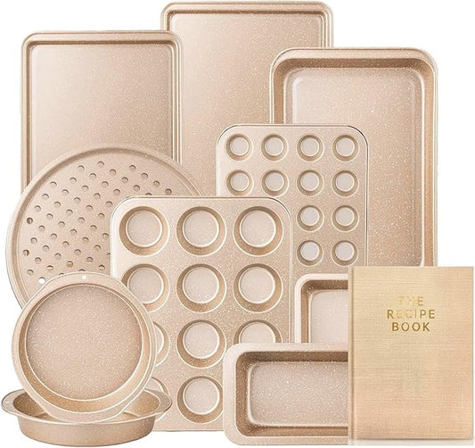 11 Piece Baking Set | Nonstick & Non Toxic Bakeware Sets Baking Pans Set | Carbon Steel Baking Supplies Include Notebook, Cookie Sheets, Roasting Pan, Muffin Pan, Cake Pan, Pizza Pan, Loaf Pan