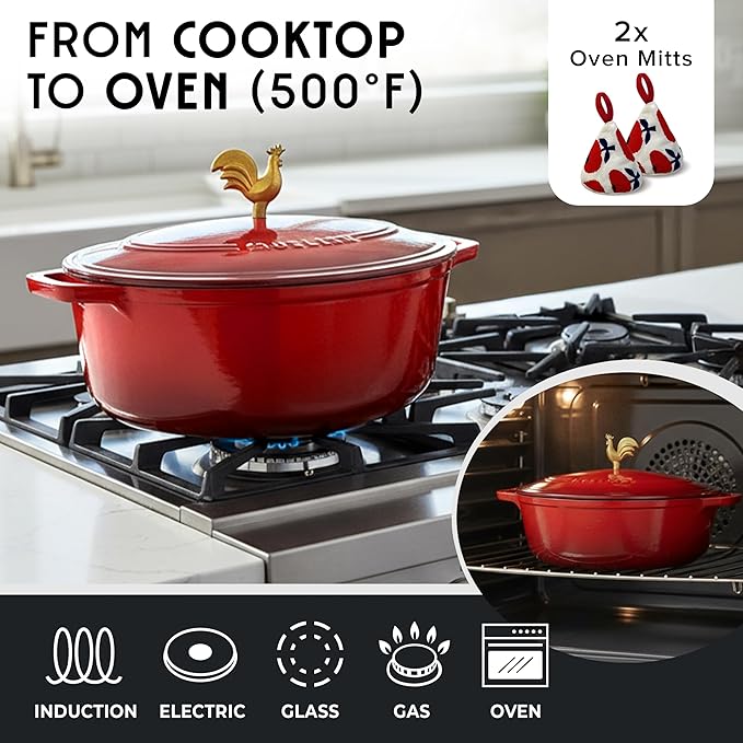 MUELLER HOME 5.5 Quart Enameled Cast Iron Oval Dutch Oven w Rooster Knob & Cotton Potholders, Heavy-Duty Cookware, Oven-Safe up to 500° F & Across All Cooktops, Gifts for Grandma & Women, Red - Image 4