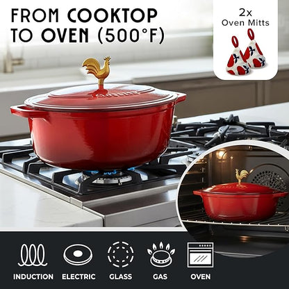 MUELLER HOME 5.5 Quart Enameled Cast Iron Oval Dutch Oven w Rooster Knob & Cotton Potholders, Heavy-Duty Cookware, Oven-Safe up to 500° F & Across All Cooktops, Gifts for Grandma & Women, Red - Image 4