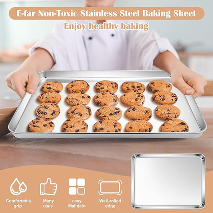 E-far Baking Sheets Set of 2, 16” x12” Stainless Steel Cookie Sheets Pans for Oven, Non-toxic Metal Trays for Baking Cake Cookie, Healthy & Rust Free, Mirror Finish & Dishwasher Safe - Image 3
