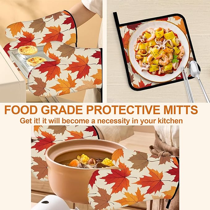 Oven Mitts and Hot Pads Set - Autumn Maple Design, Heat Resistant Cute Pot Holders for Kitchen, Baking Gifts for Women