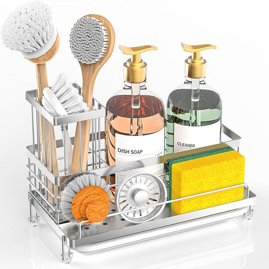 Cisily Stainless Steel Kitchen Sink Caddy Organizer, Sponge Holder for Sink Rustproof, Non-Slip Soap Dish Dispenser Brush Holder Storage, Home & Kitchen Essentials Accessories by CISILYHOMELIFE