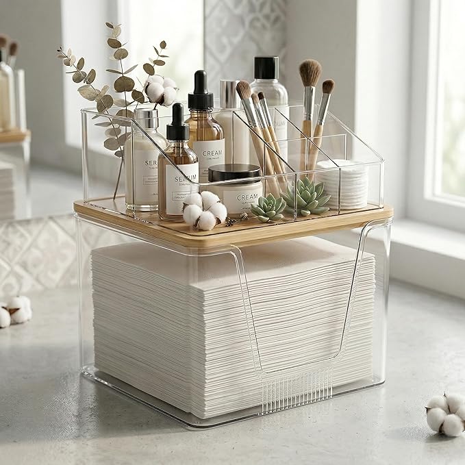 Disposable Facial Towels Holder with Bamboo Lid, 2 in 1 Facial Towels Storage Box and Cosmetics Organizer, Clear Acrylic Box Stackable Vanity Organizer Compatible with Clean Skin Club Towel XL