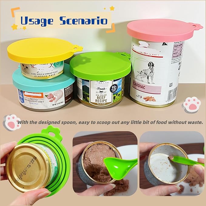 MoPawKT- Silicone Pet Food Can Covers Lids, 3 Inner Diameters 2.6”/3”/3.4” Fits 3-15 oz Standard Cat Dog Food Cans, Multi-Size Canned Covers, BPA Free, Reusable (Blue+Green, 1 spoon)
