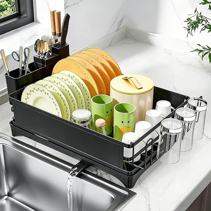 Simple Trending Dish Drying Rack, Space-Saving Large Dish Rack for Kitchen Counter, Anti-Rust Dish Drainer with Cutlery & Cup Holders, Black - Image 2