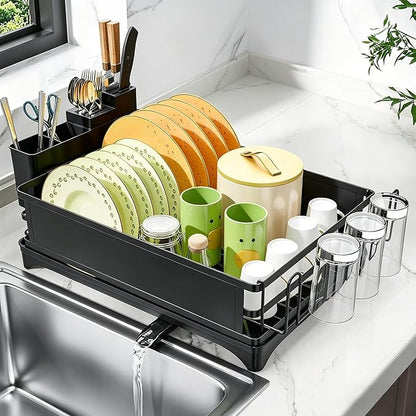 Simple Trending Dish Drying Rack, Space-Saving Large Dish Rack for Kitchen Counter, Anti-Rust Dish Drainer with Cutlery & Cup Holders, Black - Image 2