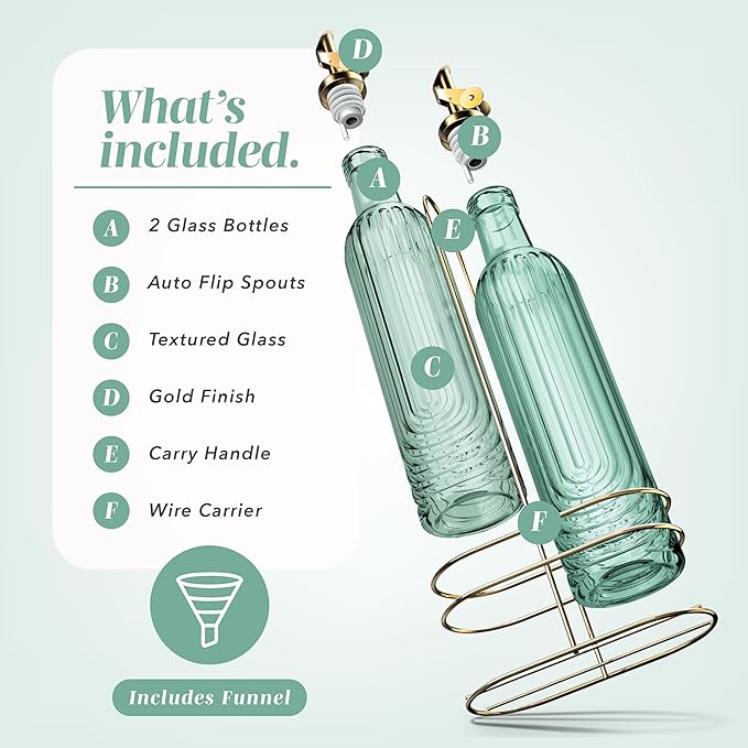 COOK WITH COLOR Glass Olive Oil Bottle Dispenser - 2 Pack- 17oz Oil and Vinegar Cruet - Olive Oil Carafe Decanter for Kitchen, Elegant Fluted, Green - Image 2