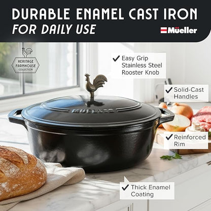 MUELLER HOME 5.5 Quart Enameled Cast Iron Oval Dutch Oven with Rooster Knob & Cotton Potholders, Heavy-Duty Cookware, Oven-Safe up to 500° F & Across All Cooktops, Gifts for Grandma & Women, Black - Image 2