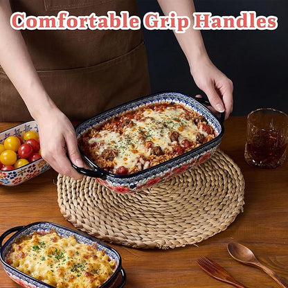 Ceramic Casserole Dishes for Oven, Hand-painted Polish Pottery Baking Dish Set of 2, 0.8QT / 2QT Porcelain Casserole Dishes with Handles, Baking Pan Lasagna Pan, Gift for Family/Friend (Red) - Image 6