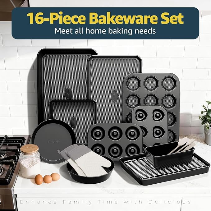 16-Piece Nonstick Bakeware Set with Oven Mitts, Donut Pan, and Heart Pan, Stackable Carbon Steel Baking Pans Set with Kitchen Utensils and Rack, Ceramic Coating, Black - Image 3