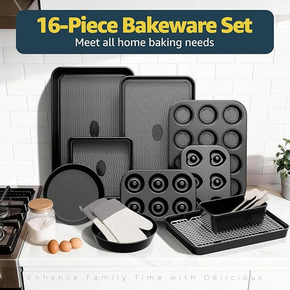16-Piece Nonstick Bakeware Set with Oven Mitts, Donut Pan, and Heart Pan, Stackable Carbon Steel Baking Pans Set with Kitchen Utensils and Rack, Ceramic Coating, Black - Image 3