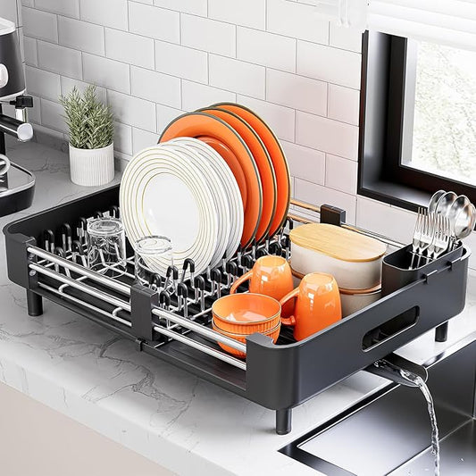 Urackify Stainless Steel Dish Drying Rack - Dish Drainer for Kitchen Counter, Extendable Drainboard with Foldable, Space-Saving Cup & Bowl Organizer, Includes Knife and Utensil Holder, Black by Urackify