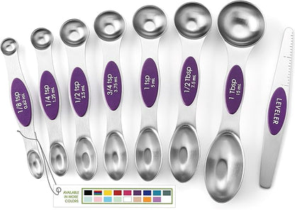 Spring Chef Purple Stainless Steel Magnetic Measuring Spoons Set of 8 with Leveler, Dual Sided Metal Teaspoon & Tablespoon Measuring Spoons, Kitchen Gadgets for Baking & Cooking, Fits in Spice Jars by SpringChef