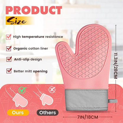 Silicone Oven Mitts (2 PCS), Waterproof Non Slip Grip Oven Gloves with Thick Soft Cotton Lining, Universal Fit Heat Resistant Kitchen Gloves for Baking, BBQ, Cooking and Grilling-Pink