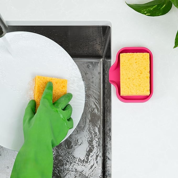 Zulay Kitchen Small Silicone Sponge Holder (4.9x3.3”) – Space-Saving Sink Organizer Tray for Sponge, Soap, Brush & More – Compact Non-Slip Dish for Kitchen & Bathroom (Honeysuckle) - Image 3
