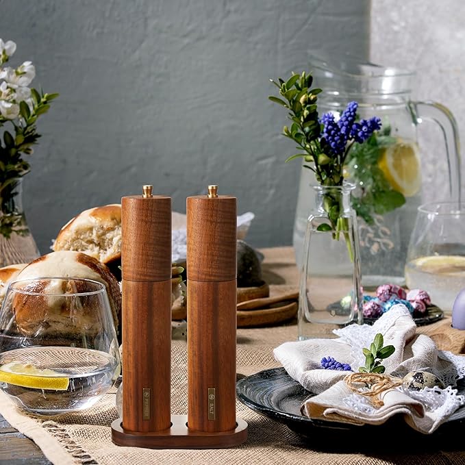 Wooden Salt and Pepper Grinder Set 10 Inch Manual Salt and Pepper Mill with Tray Adjustable Coarseness Refillable Wood Grinders with Gold Bottle Label for Kitchen(Wood Color) - Image 7
