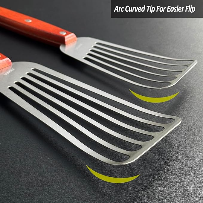 2 Pack Fish Spatula Turner, Stainless Steel Slotted Spatulas for Flipping, Turning, Frying & Grilling, 3"x6"+4"x8" Metal Slotted Spatulas, Wooden Full Tang Handle & Curved Blade - Image 4