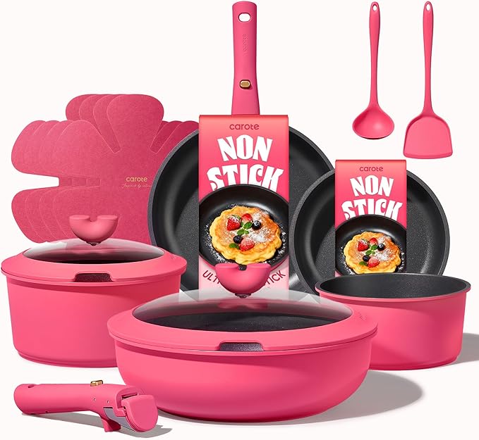 CAROTE 15pcs Pots and Pans Set Non Stick, Cookware Set Non Toxic with Detachable Handle, Induction Kitchen Cooking Set, Dishwasher/Oven Safe, RV/Camping Cookware by CAROTE