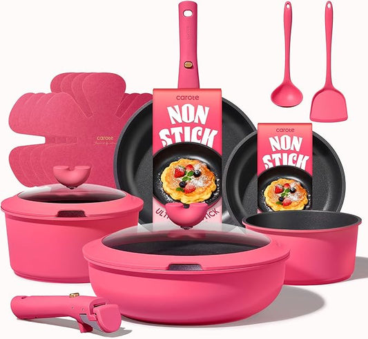 CAROTE 15pcs Pots and Pans Set Non Stick, Cookware Set Non Toxic with Detachable Handle, Induction Kitchen Cooking Set, Dishwasher/Oven Safe, RV/Camping Cookware by CAROTE