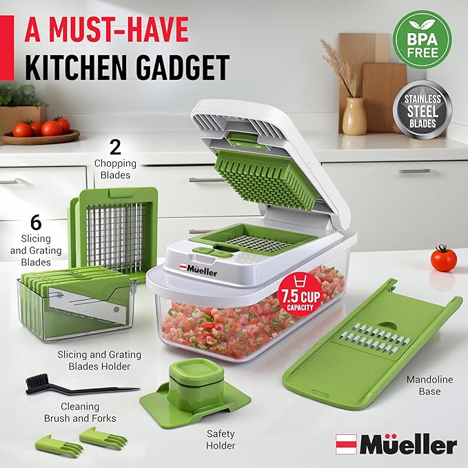 Mueller Pro-Series 10-in-1, 8 Blade Vegetable Chopper, Onion Mincer, Cutter, Dicer, Egg Slicer with Container, French Fry Cutter Potato Slicer, Home Essentials, Salad Chopper White Sand/Green - Image 7