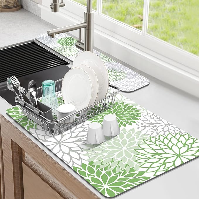 Findosom 2PCS 12" x 20" Dish Drying Mat & 24" x 5.5" Sink Splash Guard, Super Absorbent & Cuttable Dish Mat Drying Kitchen Mat with Green Floral, Hide Stain Drying Mat for Kitchen Counter by Findosom