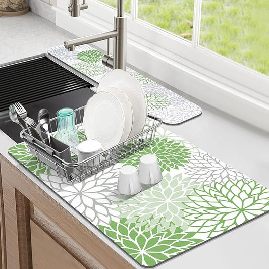 Findosom 2PCS 12" x 20" Dish Drying Mat & 24" x 5.5" Sink Splash Guard, Super Absorbent & Cuttable Dish Mat Drying Kitchen Mat with Green Floral, Hide Stain Drying Mat for Kitchen Counter by Findosom