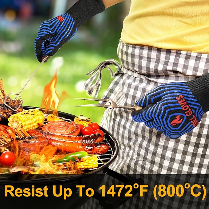 QUWIN BBQ Gloves, Oven Gloves 1472℉ Extreme Heat Resistant, Grilling Gloves Silicone Non-Slip Oven Mitts, Kitchen Gloves for BBQ, Grilling, Cooking, Baking-1 Pair… (Black Blue, One SizeLong Cuff - Image 3