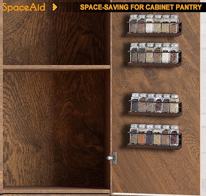 SpaceAid Spice Rack Organizer for Cabinet Door or Wall Mount (4 Pack) with 415 Spice Labels - Wood Hanging Seasoning Shelf for Cupboard Pantry or over the Stove - Image 3